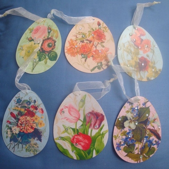 🐣 Set 6 Egg Shape Tin Easter Spring Ornaments w  Flowers & Rhinestones  New - Picture 2 of 9